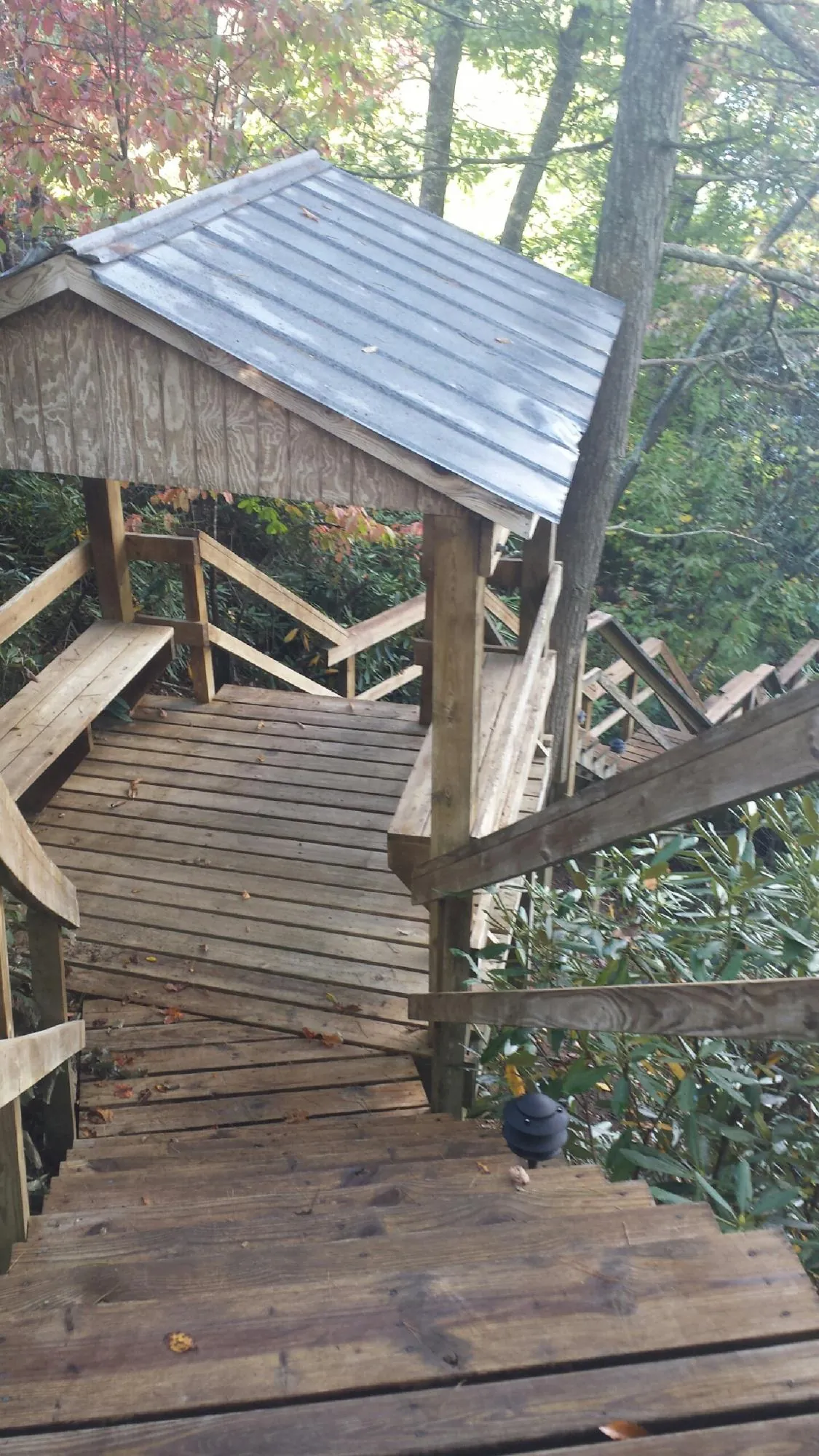 Metal roofed shelter over wooden steps on a wooded walkway — Skylight Repair & Installation work by our crew in Robertsville